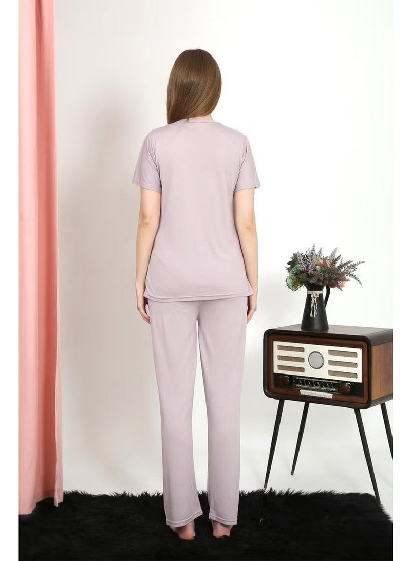 Akbeniz Women's Short Sleeve Cotton Combed Pajama Set Powder 4213 - Image 5